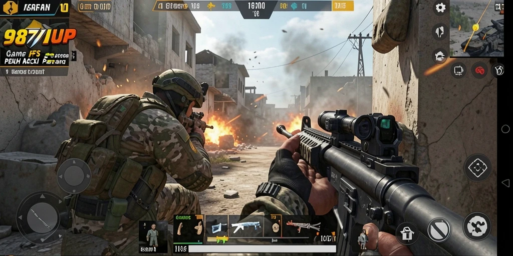 Screenshot utama menunjukkan gameplay seru di 987UP dengan aksi tembak-menembak intens.