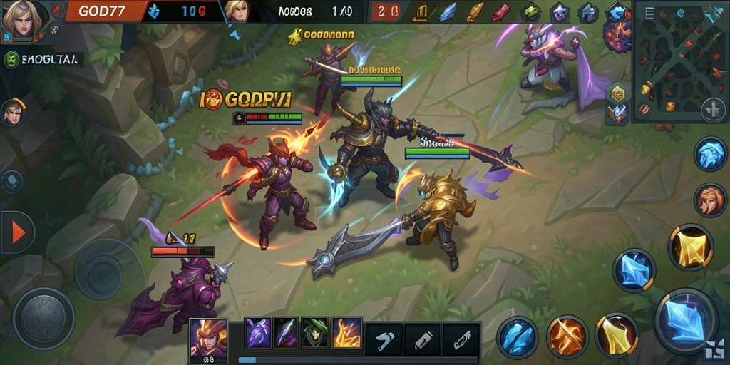 Tampilan gameplay seru dalam dunia MOBA GOD77 dengan karakter unik.