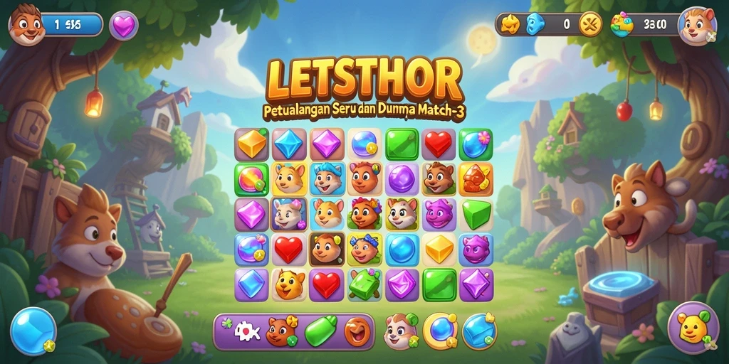 Tampilan menarik gameplay LETSTHOR dengan tantangan Match-3 yang seru.