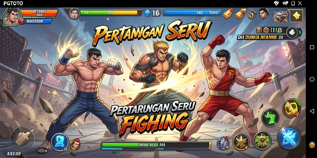 Screenshot utama PGTOTO menampilkan pertarungan seru antara dua karakter.
