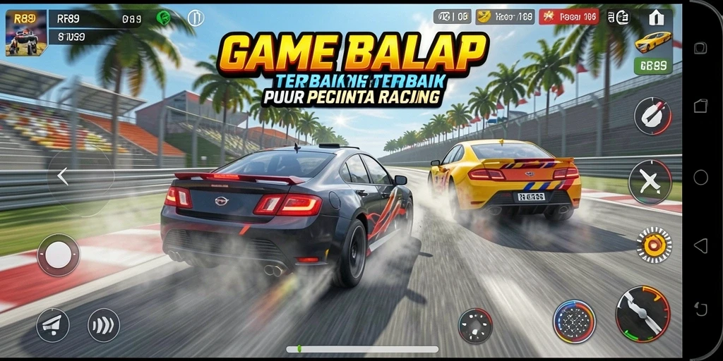 Screenshot utama <strong>RR89</strong> memperlihatkan aksi balapan yang mendebarkan dan mobil-mobil keren.